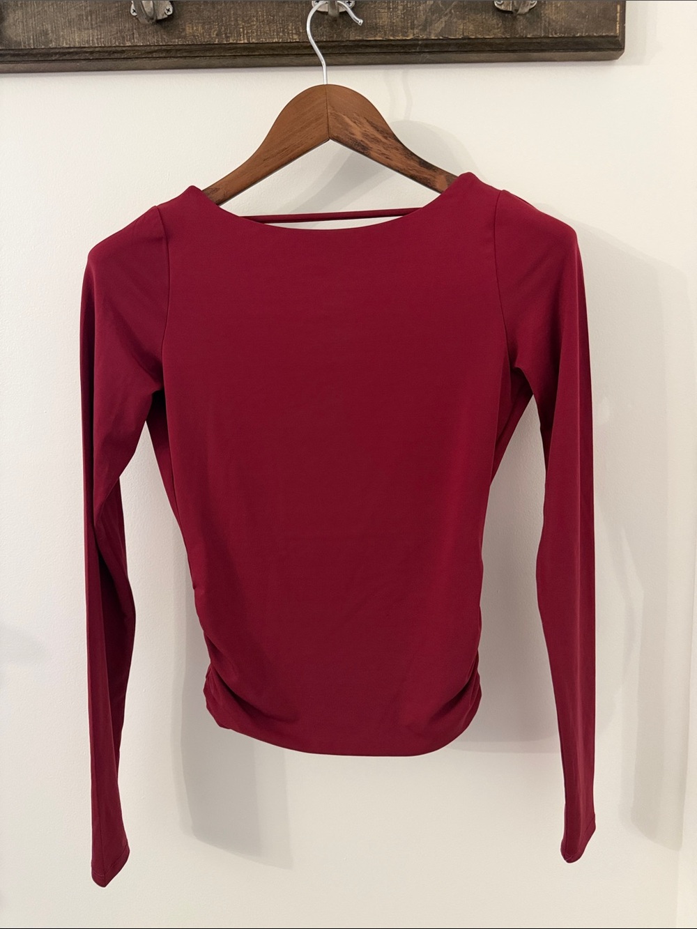 Garage : Long-Sleeve Womenโs Top with open drape back in Deep Red : Size S